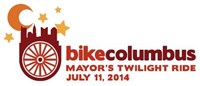 Mayor's Twilight Ride 2014 with the Columbus skyline above a bicycle wheel and moon and stars in the sky